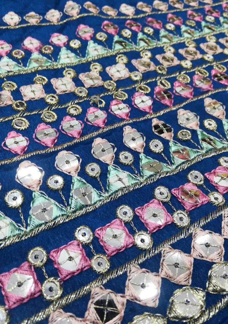 Blue Chinon Lehenga Set with Embroidery for Diwali | Wedding & Festive Wear - Indya