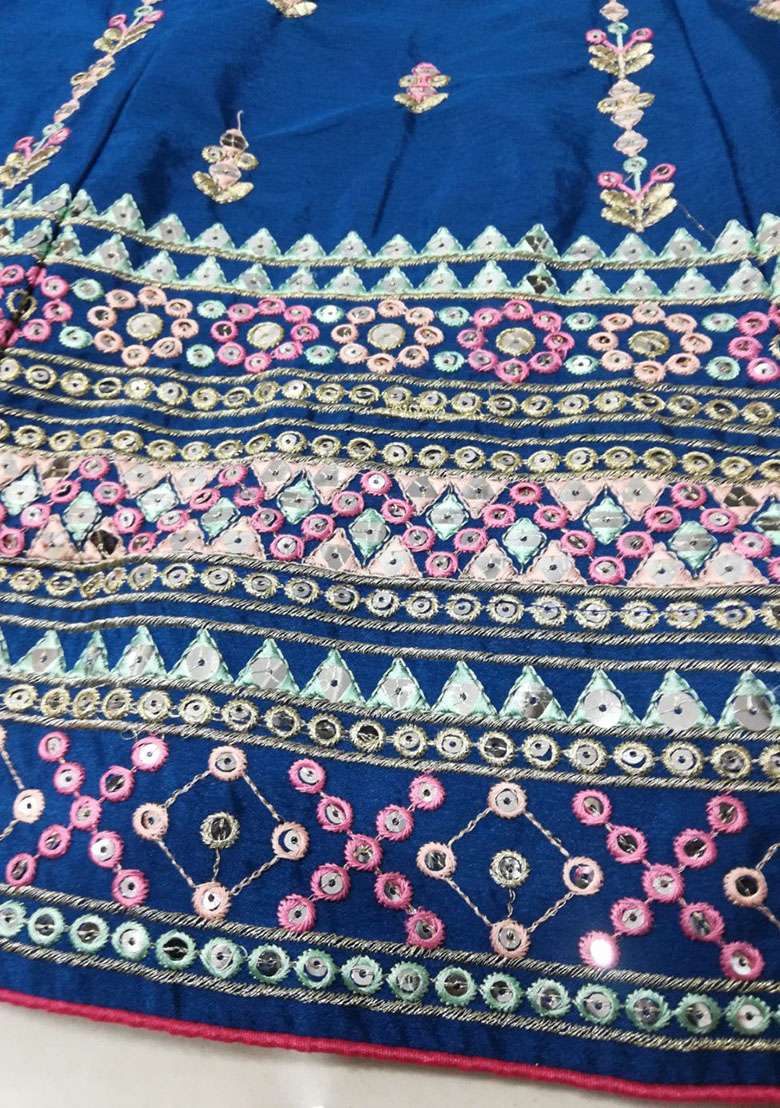 Blue Chinon Lehenga Set with Embroidery for Diwali | Wedding & Festive Wear - Indya