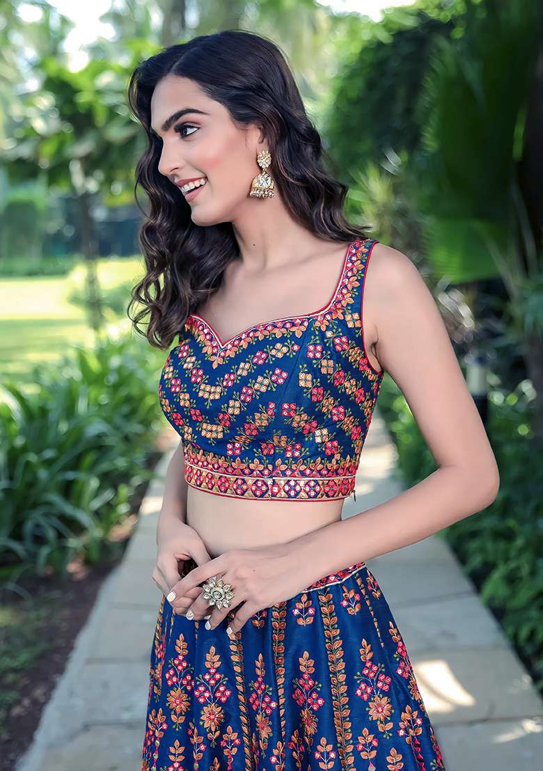 Blue Embroidery Chinon Lehenga Set - Indya
