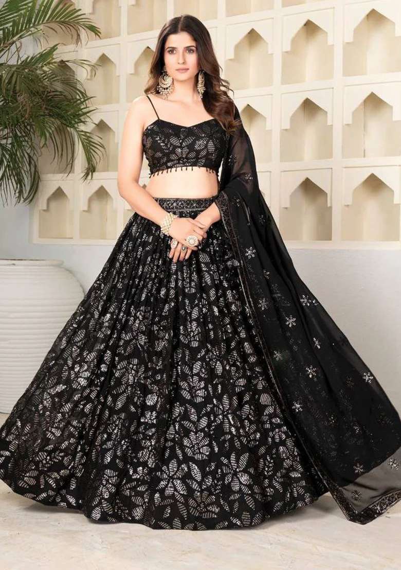 Black Embroidery Georgette Lehenga Set for Diwali and Festive Wear - Indya