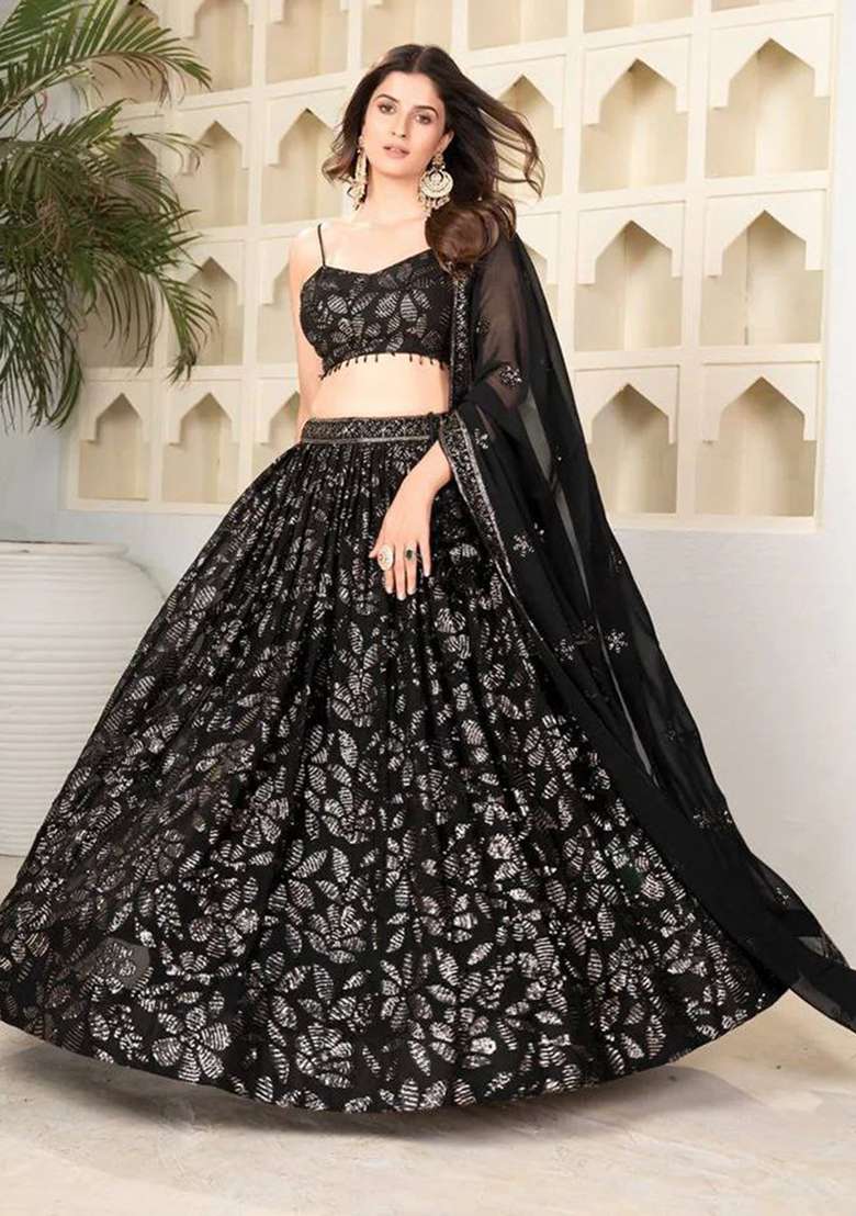 Black Embroidery Georgette Lehenga Set for Diwali and Festive Wear - Indya