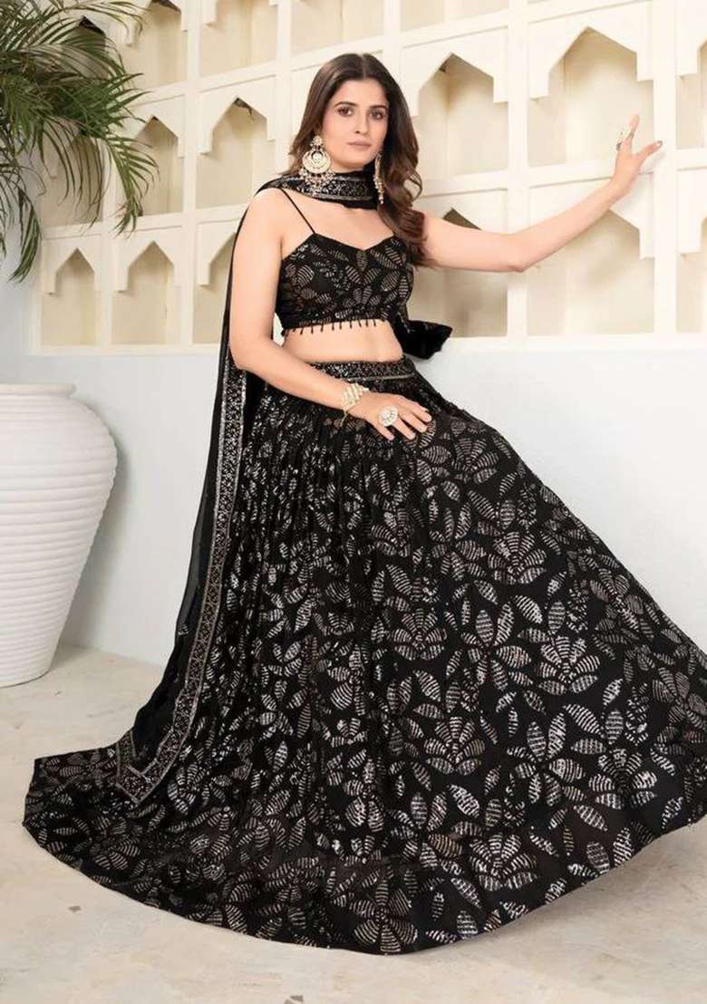 Black Embroidery Georgette Lehenga Set for Diwali and Festive Wear - Indya