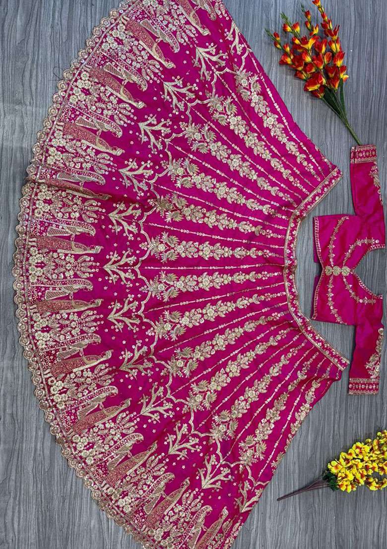 Pink Silk Blend Lehenga Set with Embroidery for Diwali | Wedding & Festive Wear - Indya