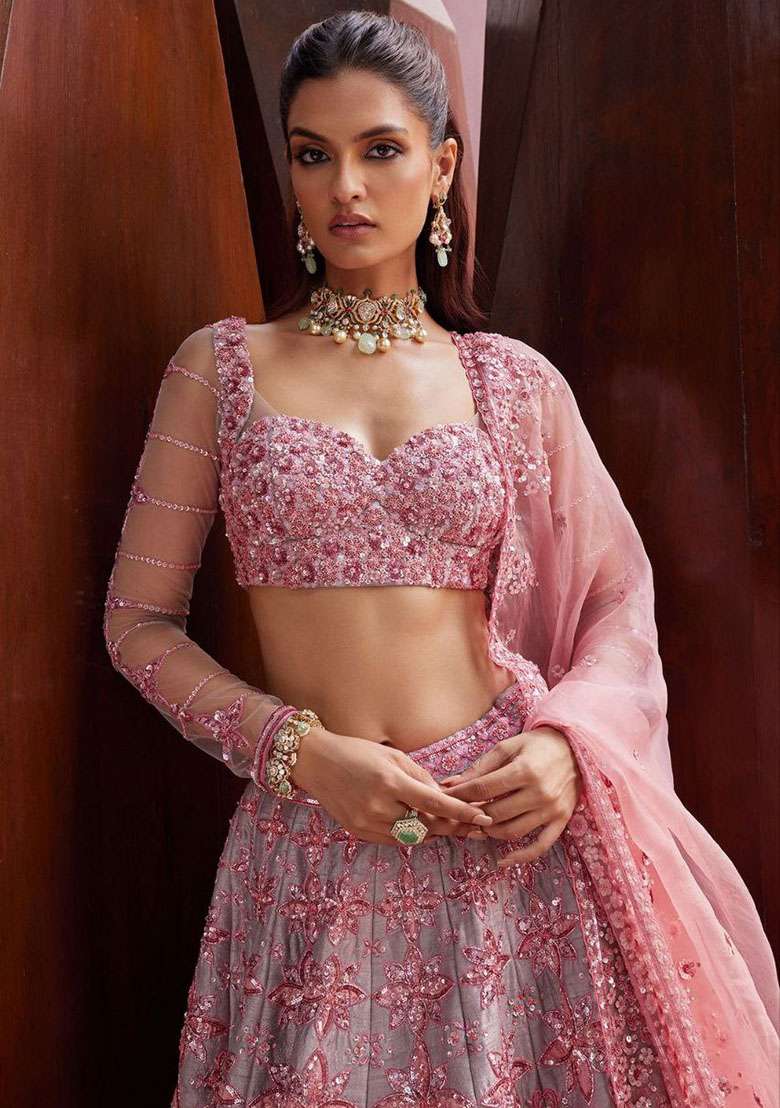 Baby Pink Embroidery Silk Blend Lehenga Set for Diwali and Festive Wear - Indya