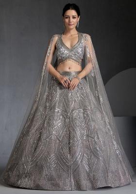 Grey Embroidery Georgette Lehenga Set