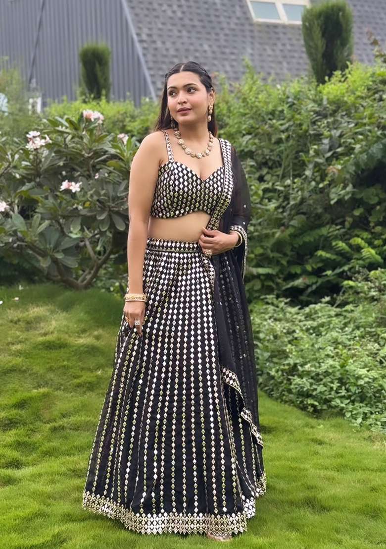 Black Silk Blend Lehenga Set with Embroidery for Diwali | Wedding & Festive Wear - Indya