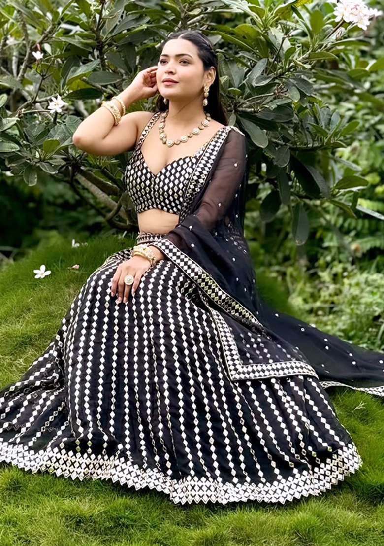 Black Silk Blend Lehenga Set with Embroidery for Diwali | Wedding & Festive Wear - Indya
