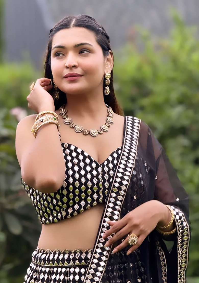 Black Silk Blend Lehenga Set with Embroidery for Diwali | Wedding & Festive Wear - Indya