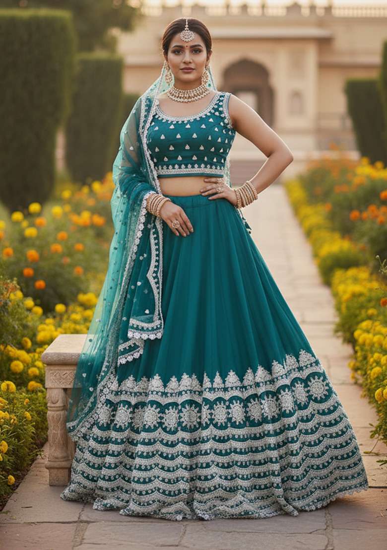 Teal Blue Embroidery Net Lehenga Set for Diwali and Festive Wear - Indya