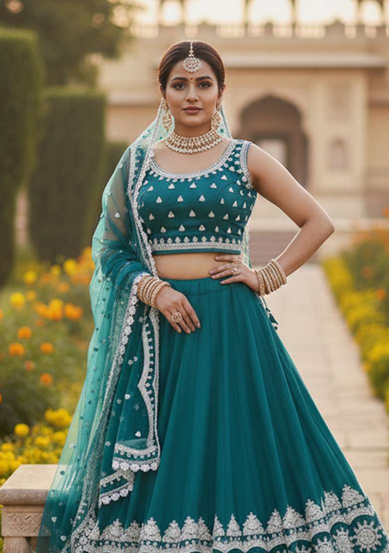 Teal Blue Embroidery Net Lehenga Set for Diwali and Festive Wear - Indya