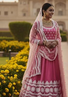 Pink Embroidery Net Lehenga Set