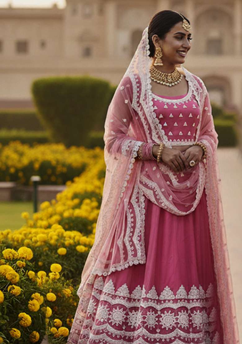 Pink Embroidery Net Lehenga Set for Diwali and Festive Wear - Indya