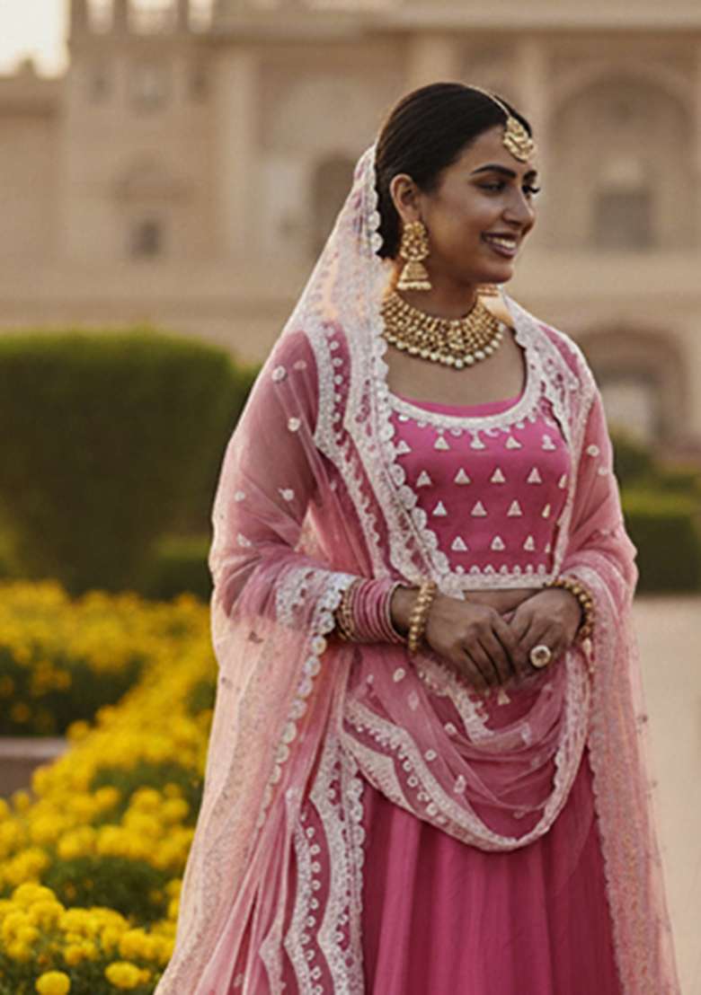 Pink Embroidery Net Lehenga Set for Diwali and Festive Wear - Indya
