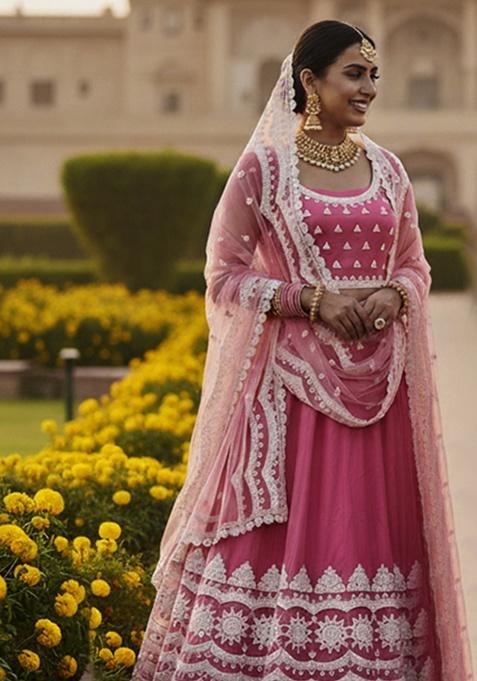 Pink Embroidery Net Lehenga Set