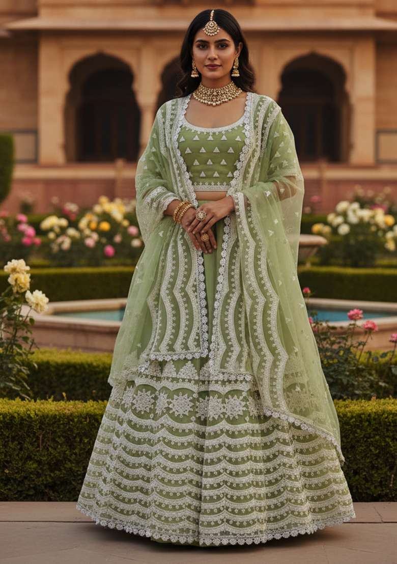 Pista Green Net Lehenga Set with Embroidery for Diwali | Wedding & Festive Wear - Indya
