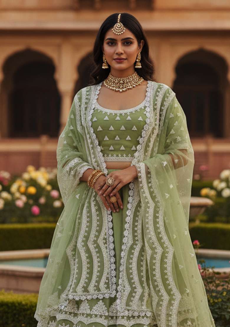 Pista Green Net Lehenga Set with Embroidery for Diwali | Wedding & Festive Wear - Indya