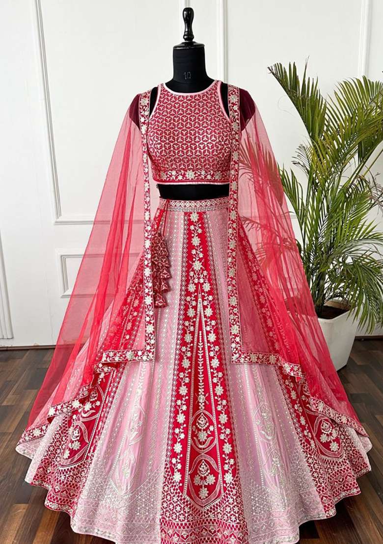 Red Embroidery Georgette Lehenga Set - Indya