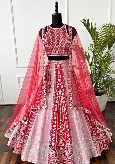 Red Embroidery Georgette Lehenga Set
