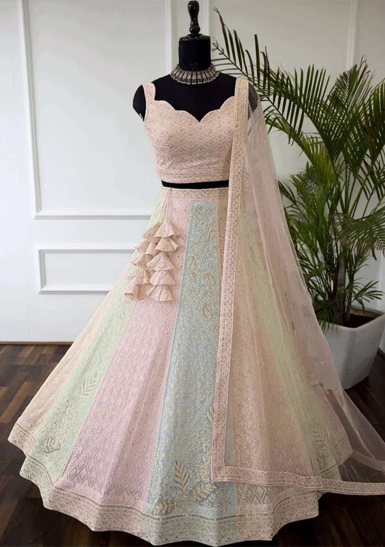 Peach Embroidery Georgette Lehenga Set - Indya