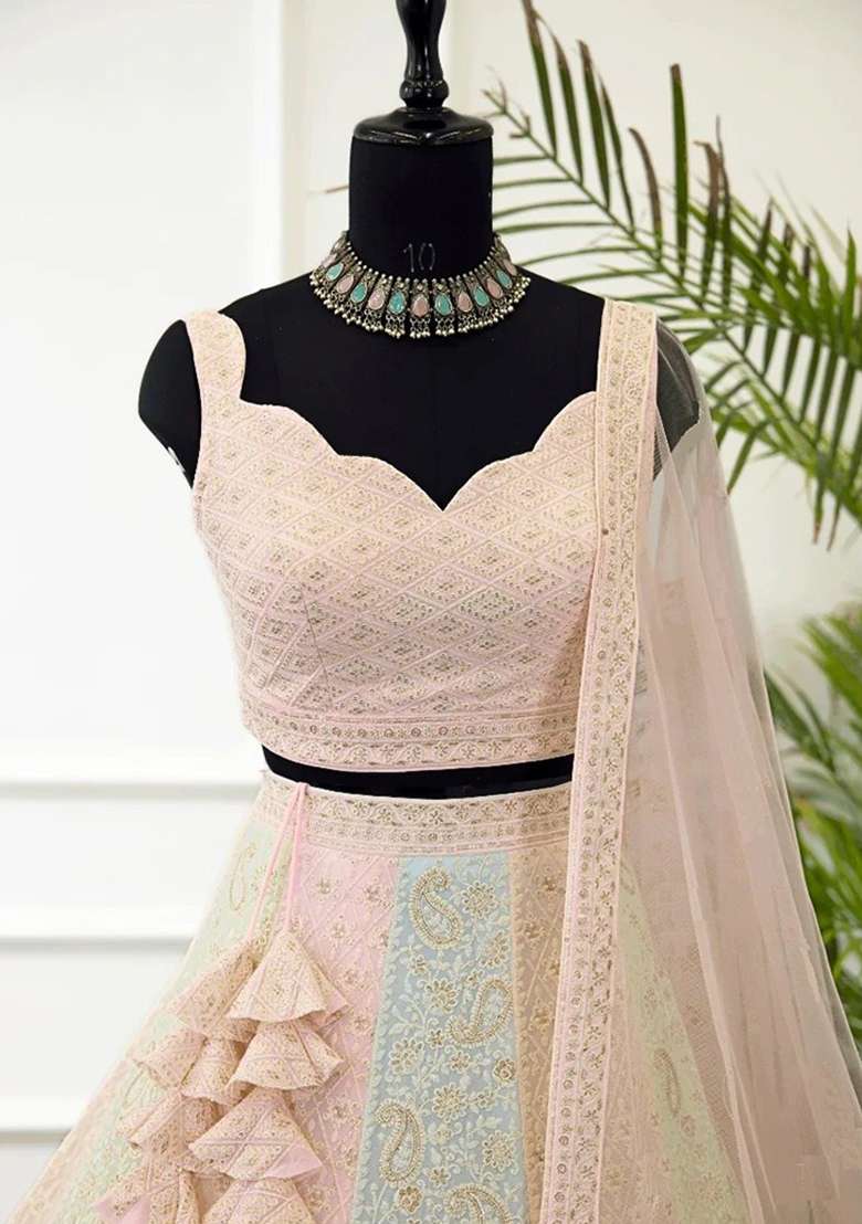 Peach Embroidery Georgette Lehenga Set - Indya