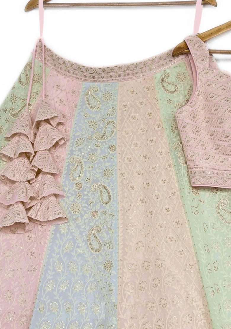 Peach Embroidery Georgette Lehenga Set - Indya
