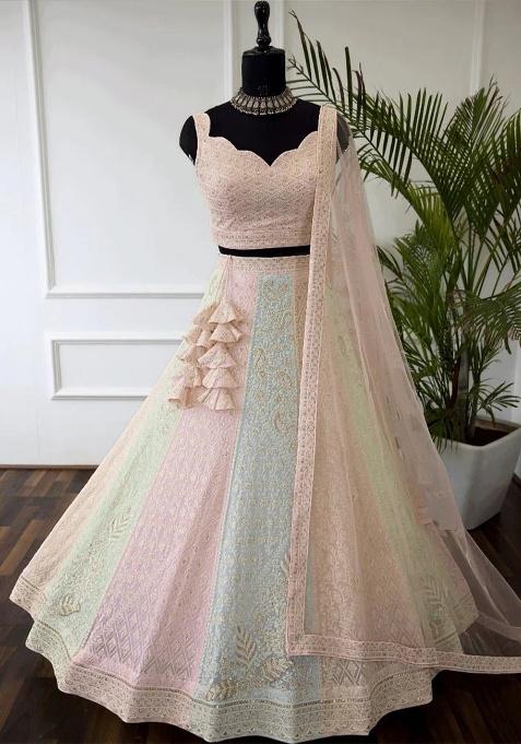 Peach Embroidery Georgette Lehenga Set
