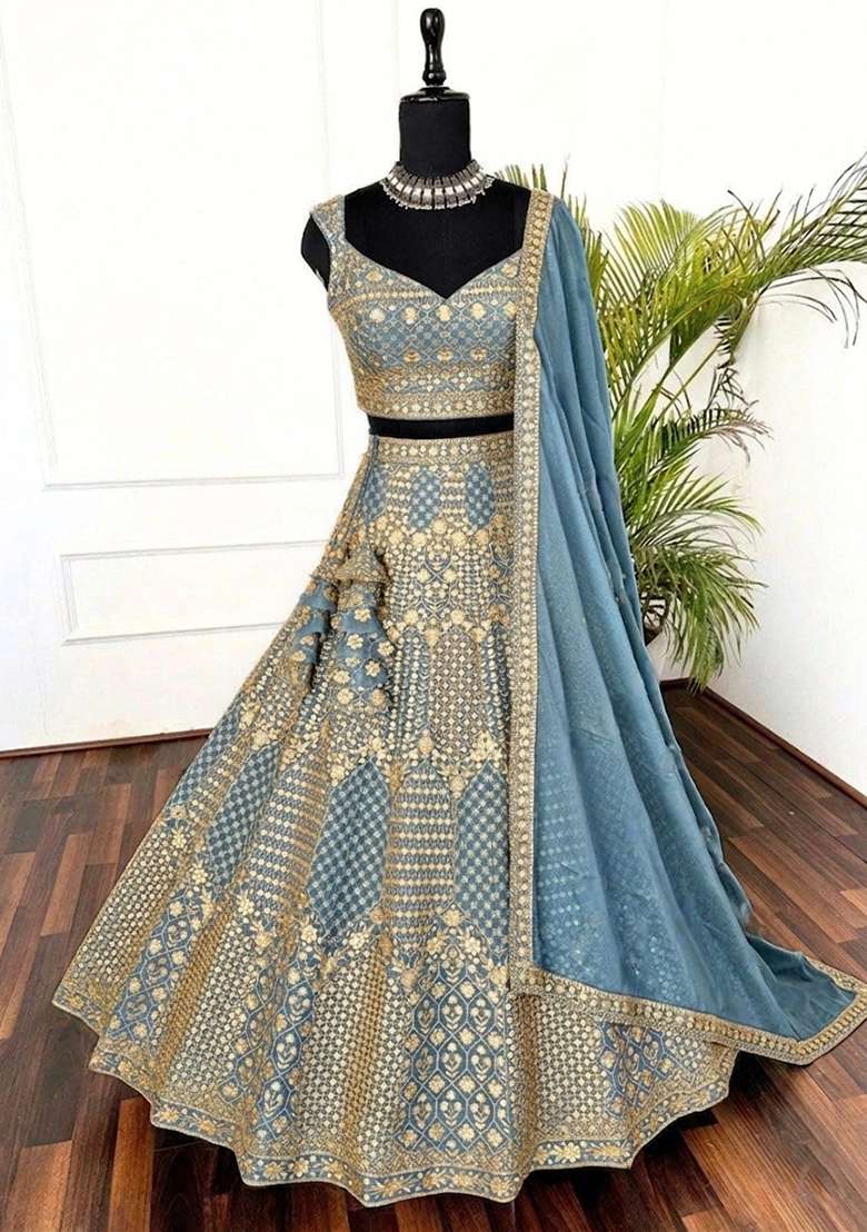 Blue Embroidery Georgette Lehenga Set - Indya