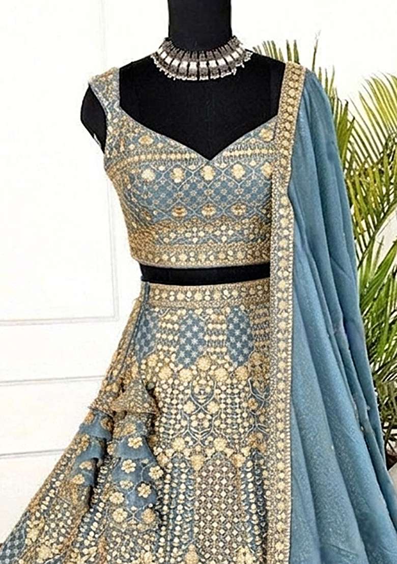 Blue Embroidery Georgette Lehenga Set - Indya