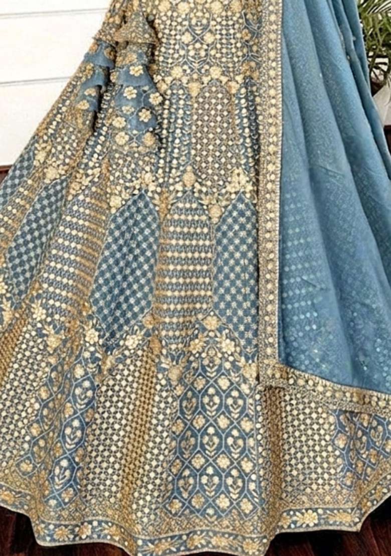 Blue Embroidery Georgette Lehenga Set - Indya