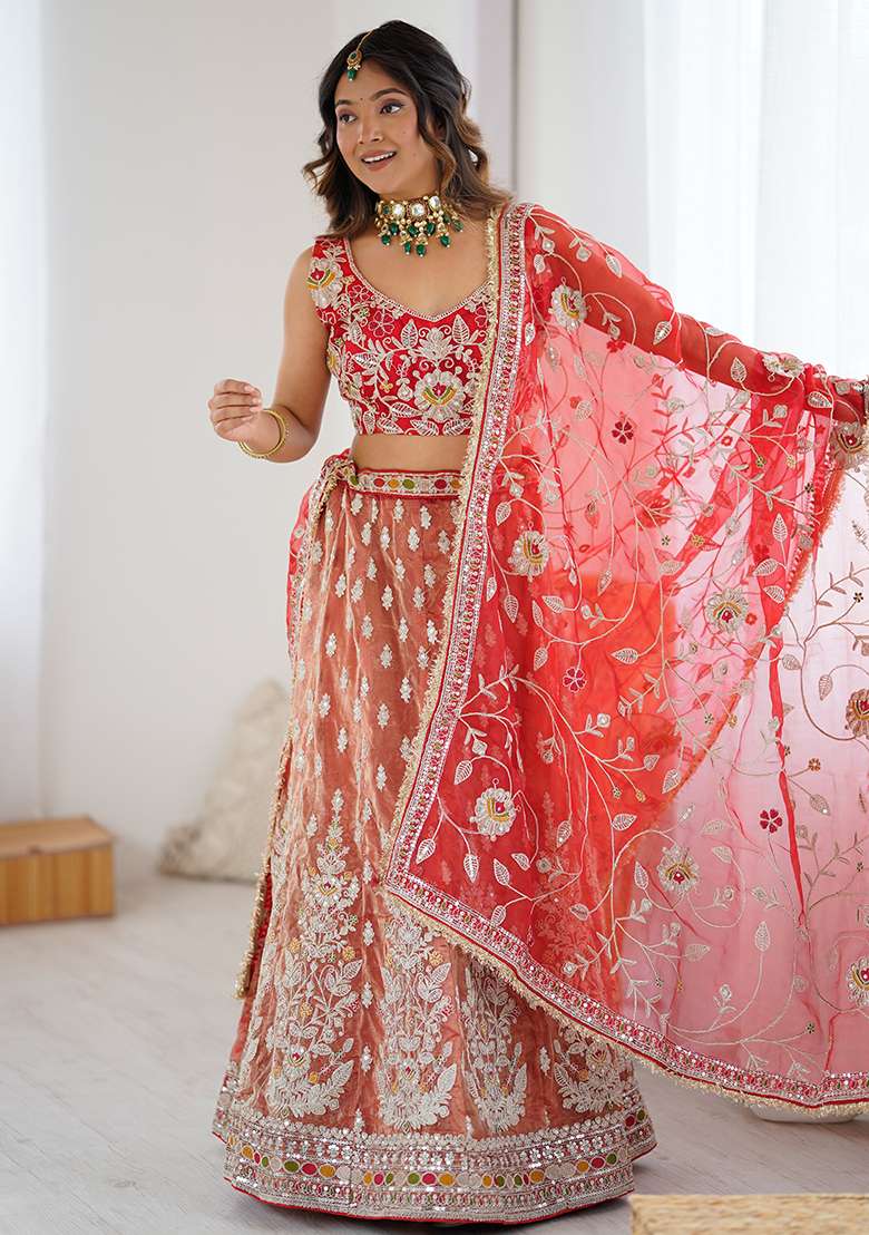 Orange Silk Blend Lehenga Set with Embroidery for Diwali | Wedding & Festive Wear - Indya