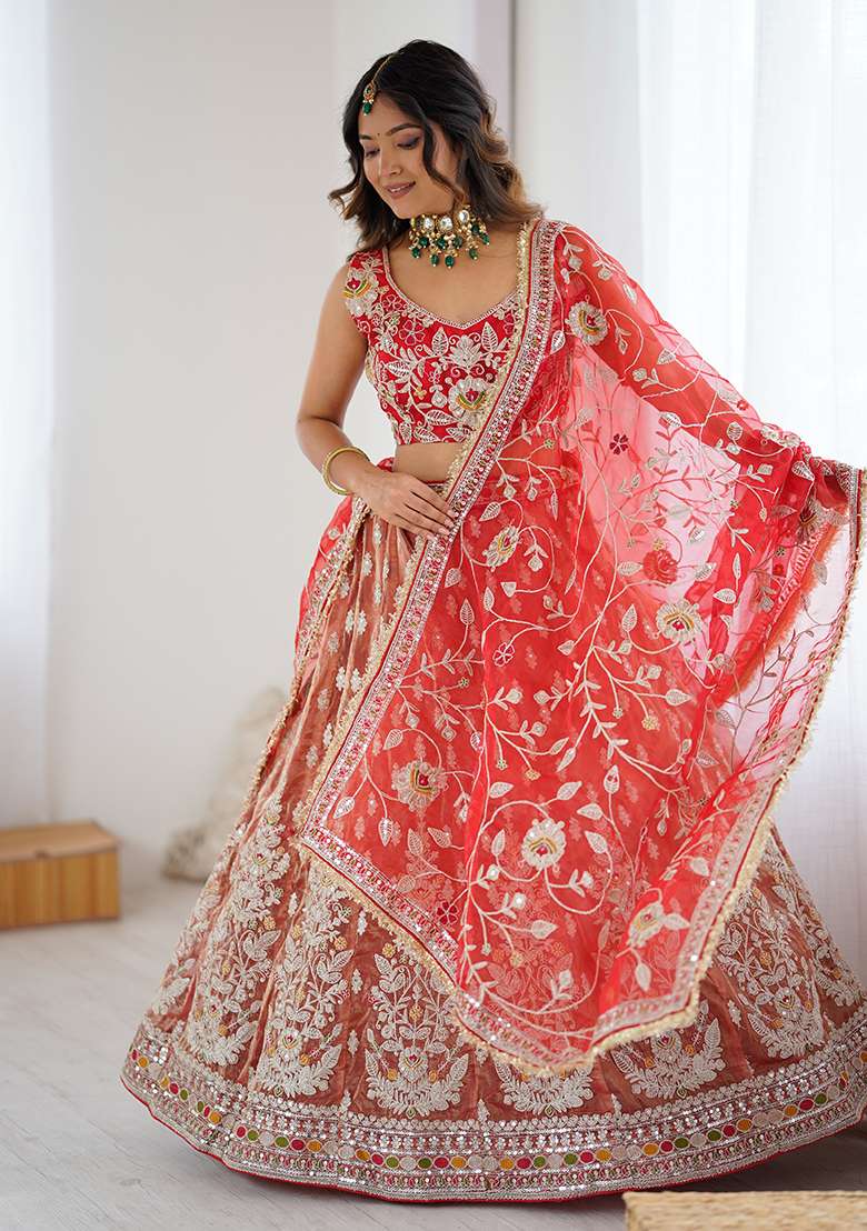Orange Silk Blend Lehenga Set with Embroidery for Diwali | Wedding & Festive Wear - Indya