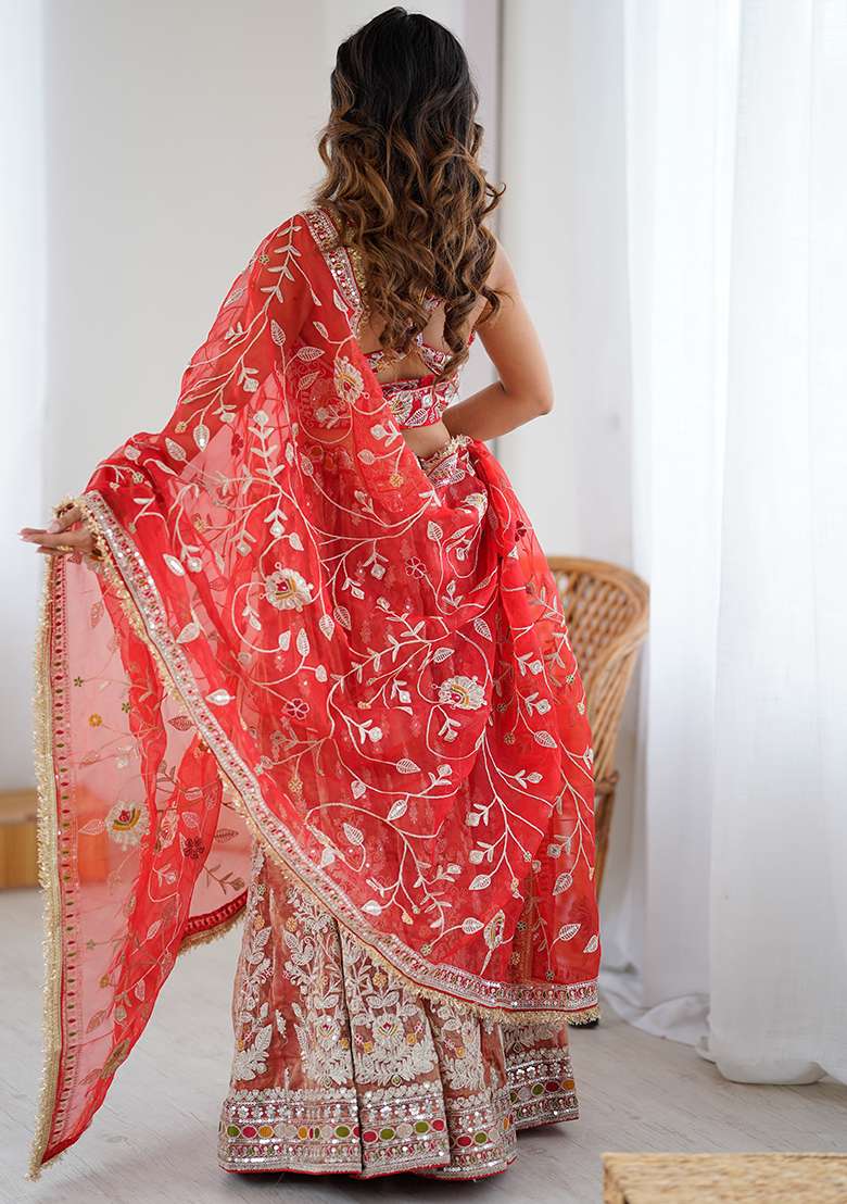 Orange Silk Blend Lehenga Set with Embroidery for Diwali | Wedding & Festive Wear - Indya