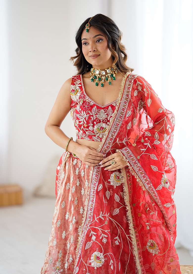 Orange Silk Blend Lehenga Set with Embroidery for Diwali | Wedding & Festive Wear - Indya