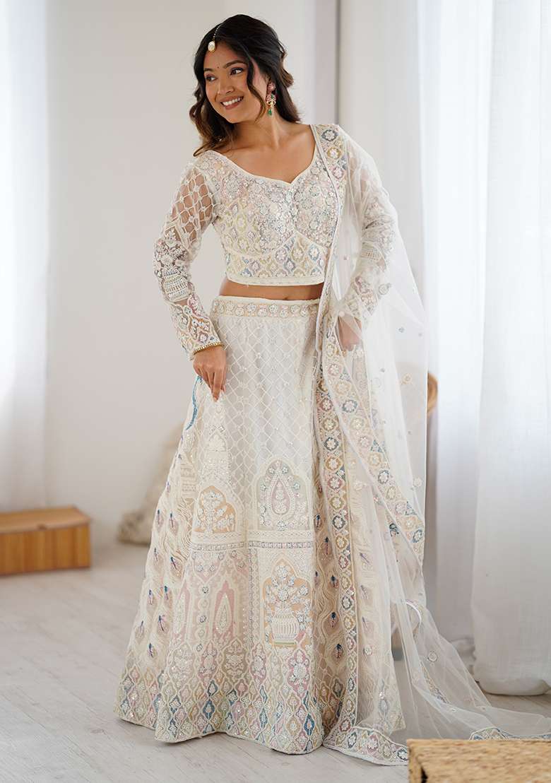 Off White Embroidery Net Lehenga Set for Diwali and Festive Wear - Indya