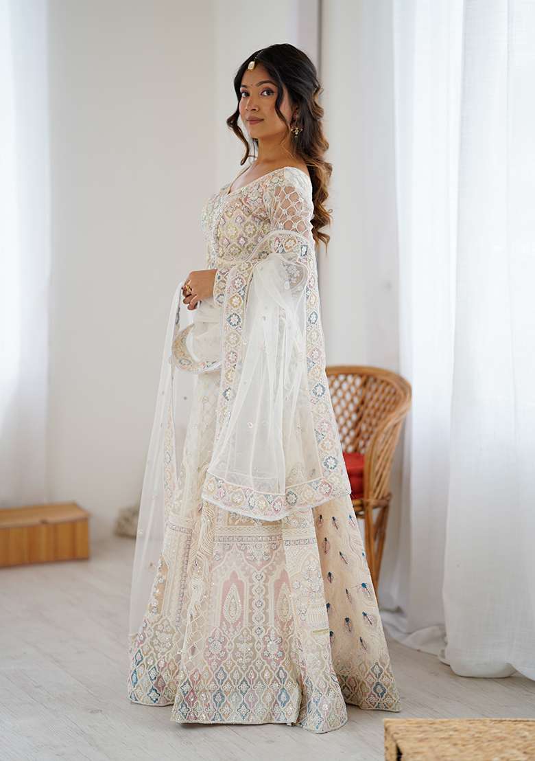 Off White Embroidery Net Lehenga Set for Diwali and Festive Wear - Indya