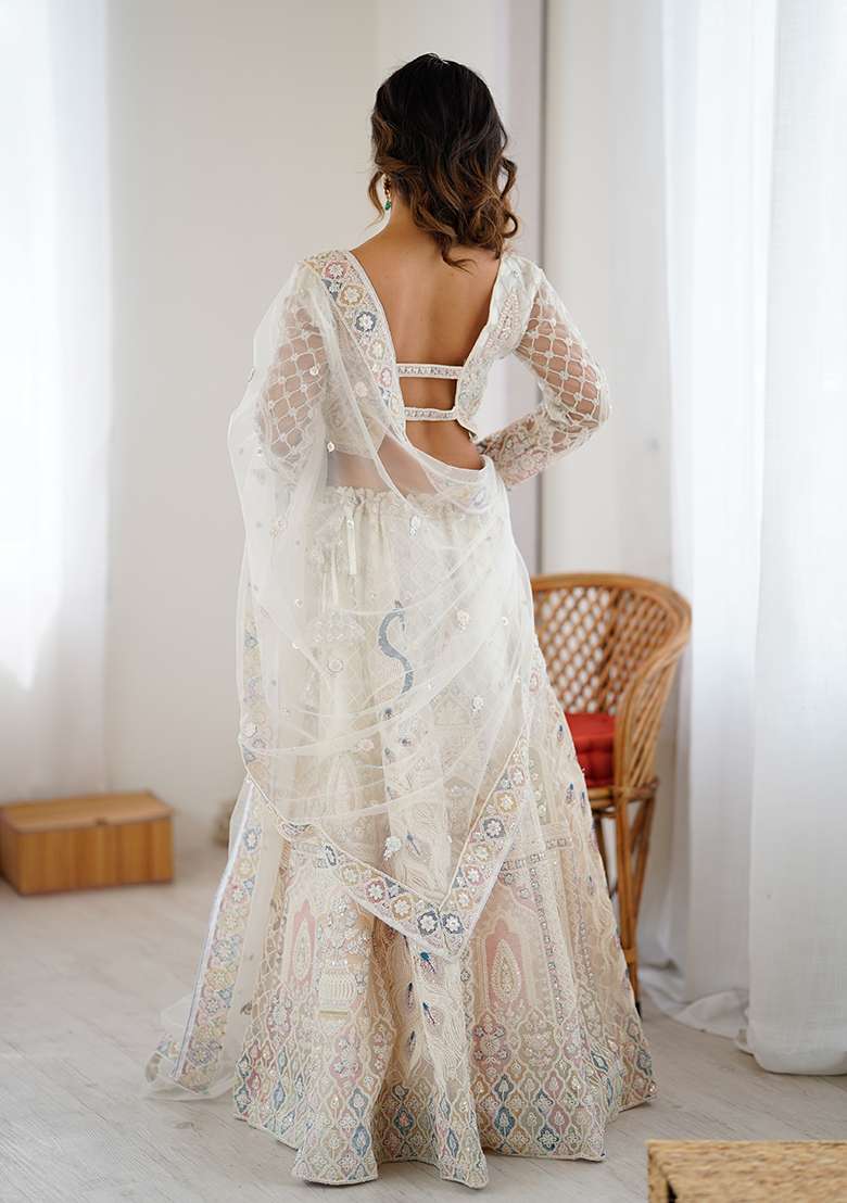 Off White Embroidery Net Lehenga Set for Diwali and Festive Wear - Indya
