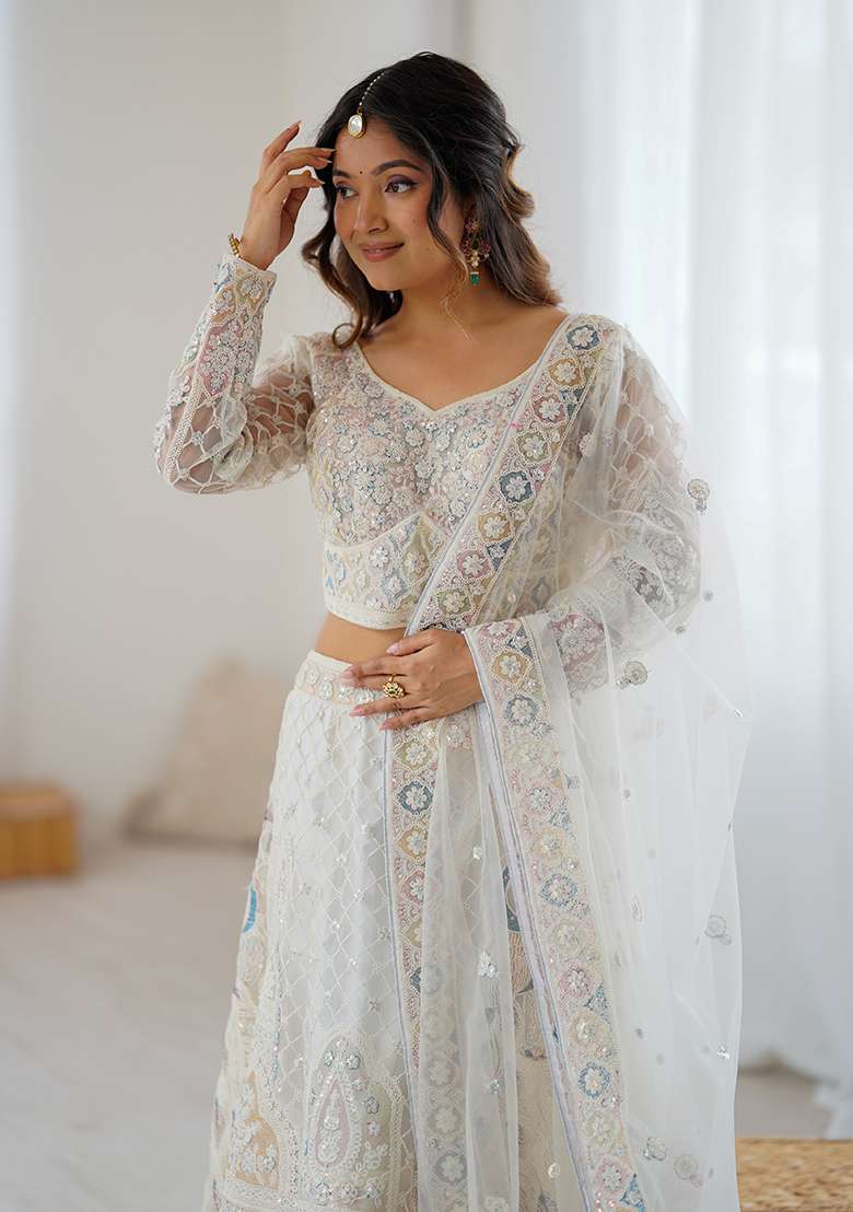 Off White Embroidery Net Lehenga Set for Diwali and Festive Wear - Indya