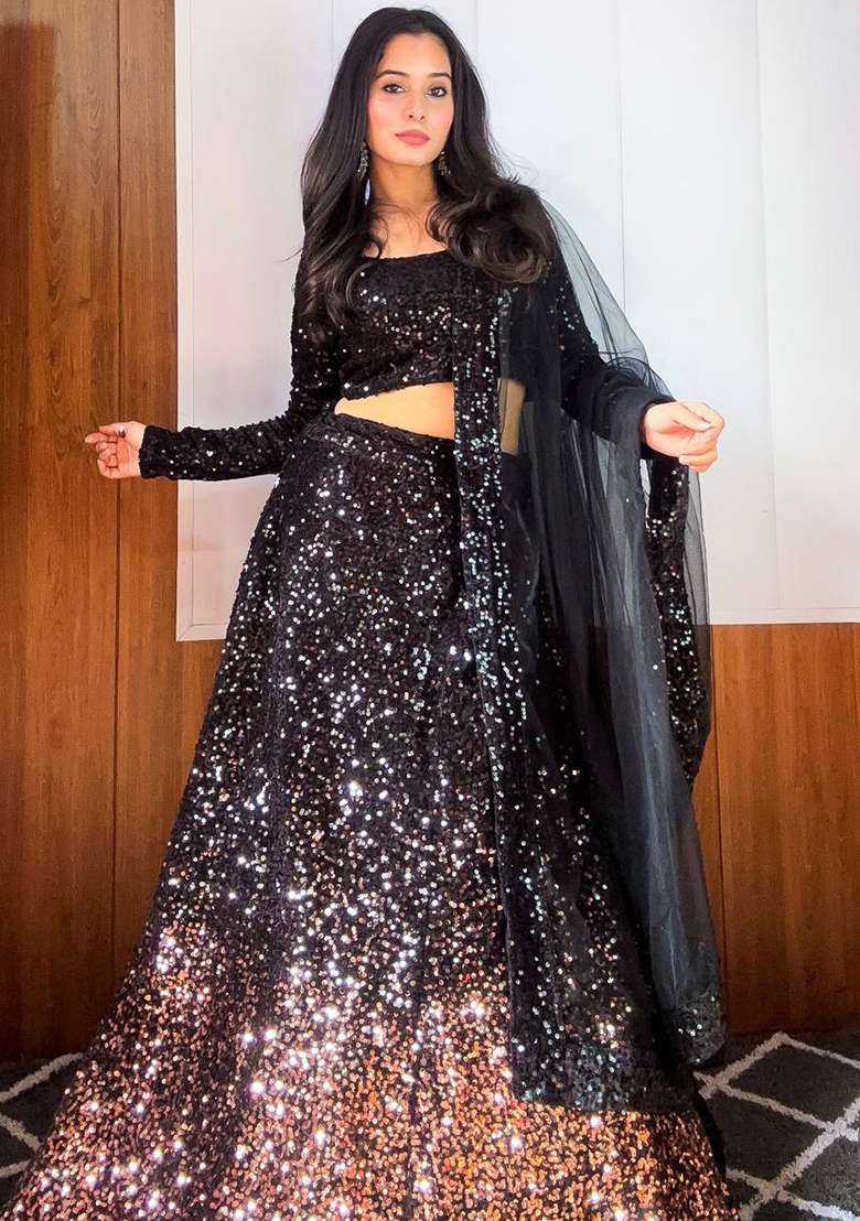 Black Sequence Work Velvet Lehenga Set for Diwali and Festive Wear - Indya