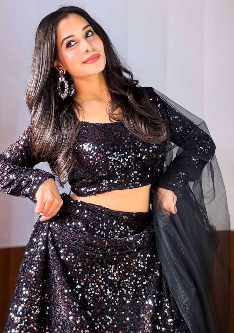 Black Sequence Work Velvet Lehenga Set for Diwali and Festive Wear - Indya