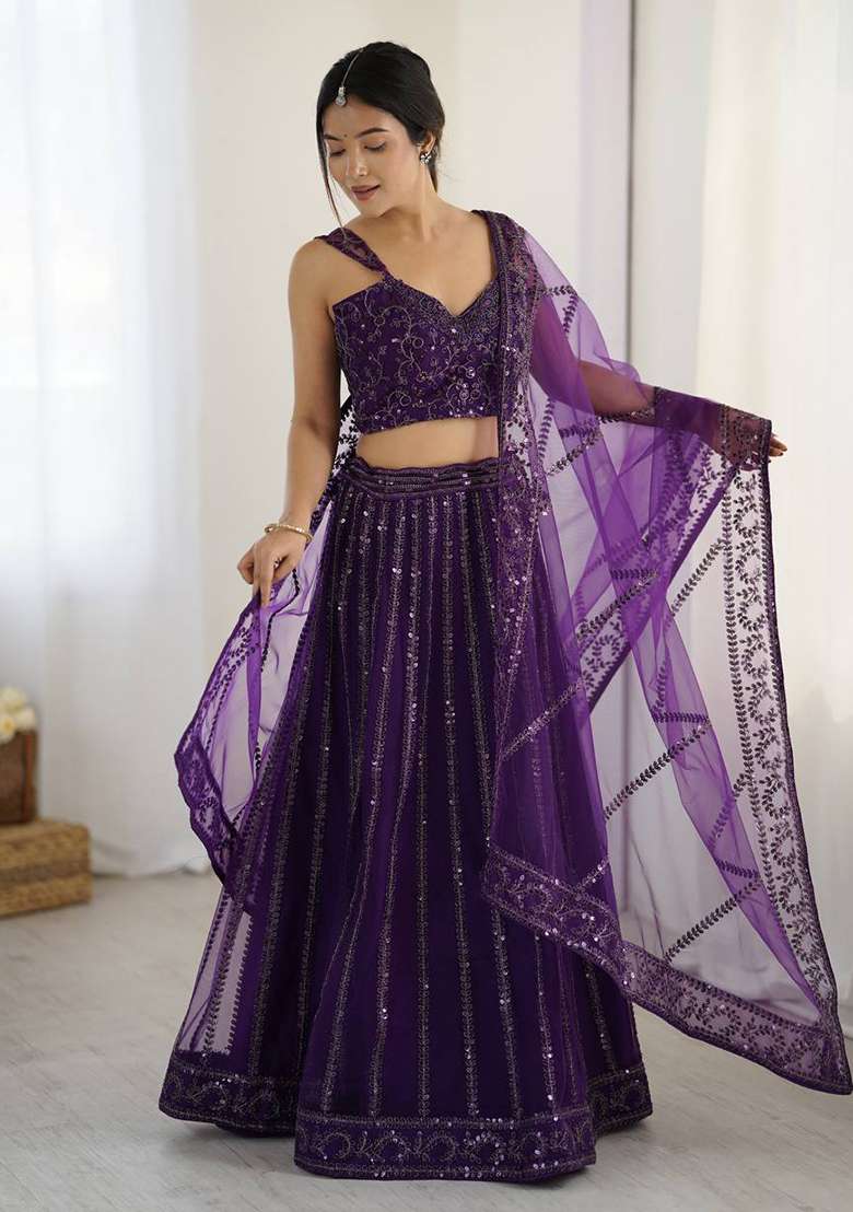 Purple Sequence Work Net Lehenga Set for Diwali | Wedding & Festive Wear - Indya