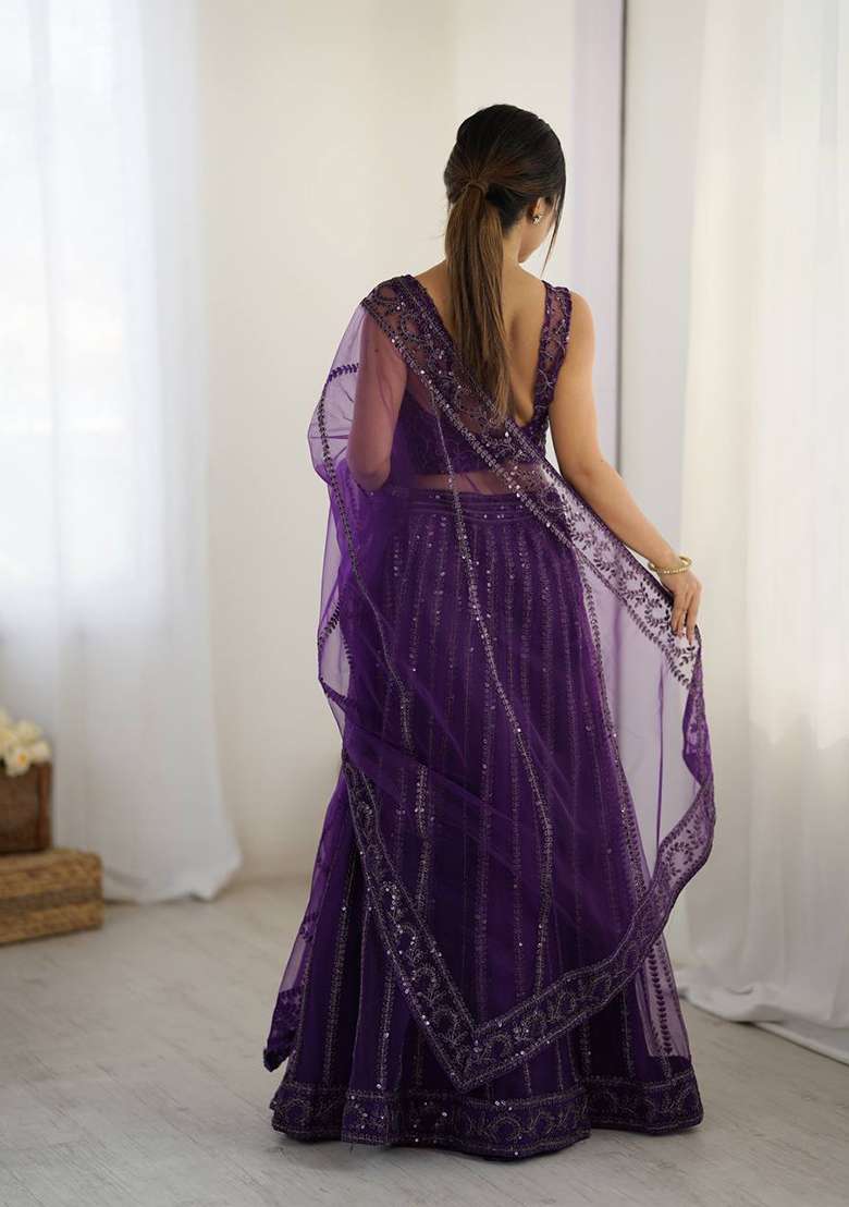 Purple Sequence Work Net Lehenga Set for Diwali | Wedding & Festive Wear - Indya