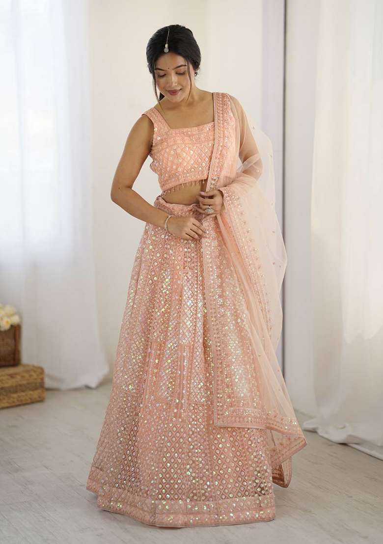 Peach Sequence Work Net Lehenga Set for Diwali and Festive Wear - Indya