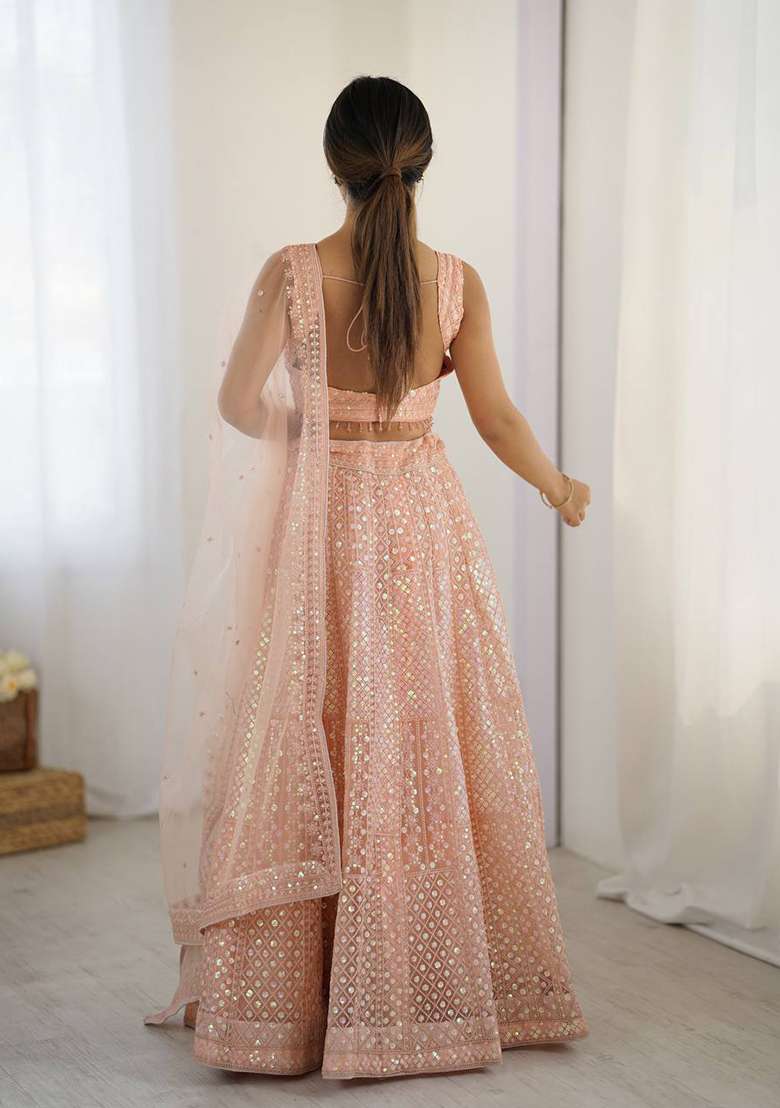 Peach Sequence Work Net Lehenga Set for Diwali and Festive Wear - Indya