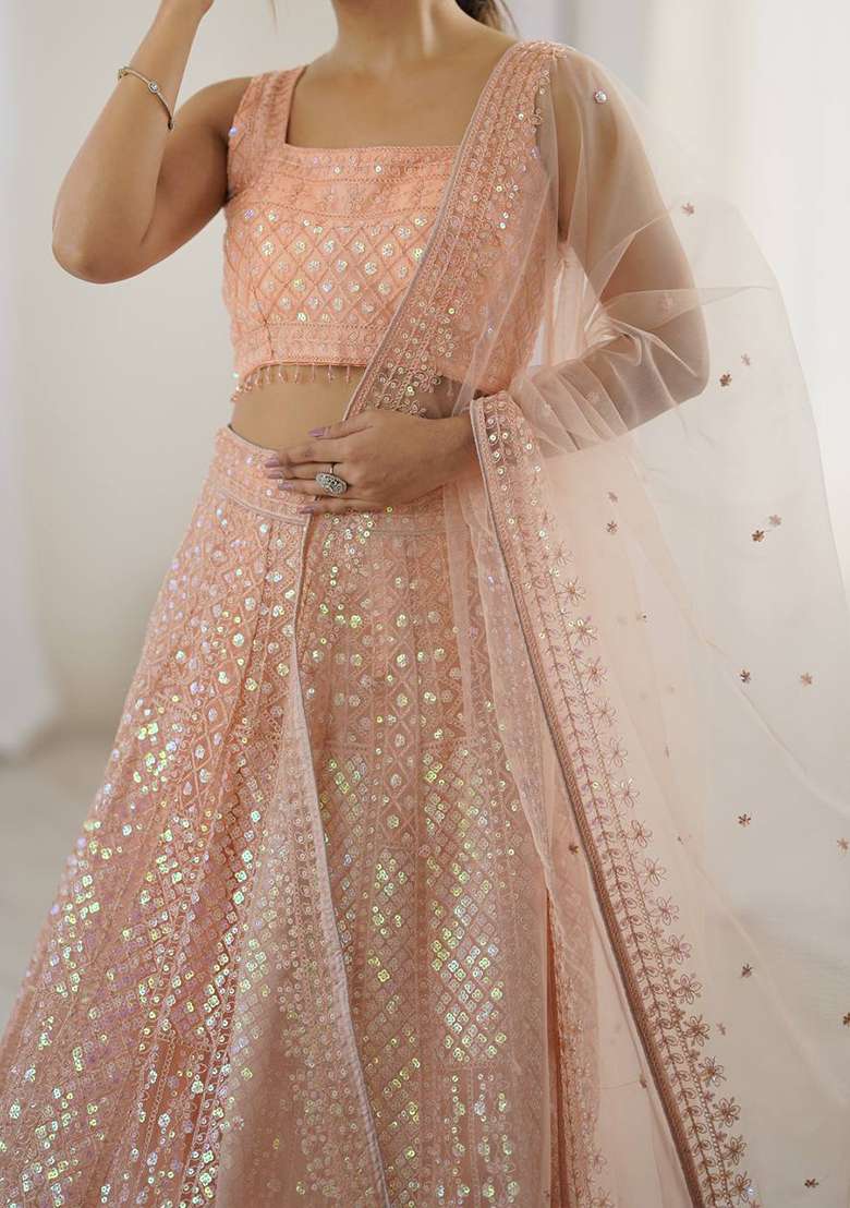 Peach Sequence Work Net Lehenga Set for Diwali and Festive Wear - Indya