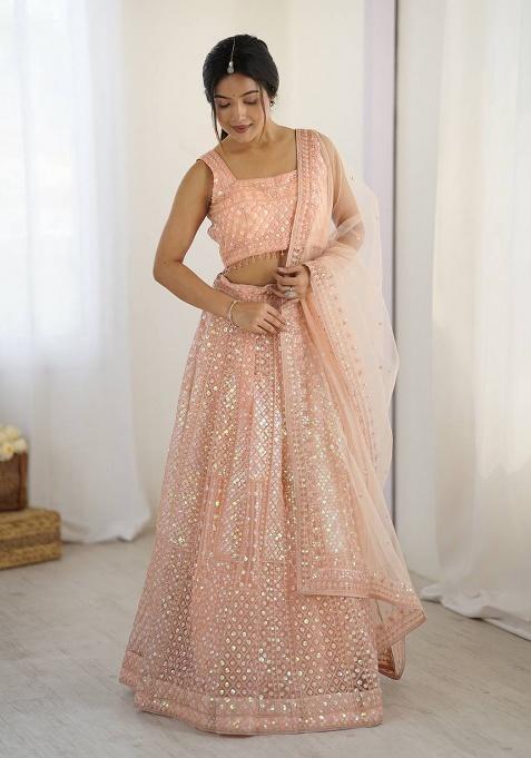 Peach Sequence Work Net Lehenga Set