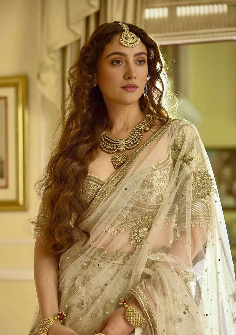 Cream Zari Work Silk Blend Lehenga Set for Diwali and Festive Wear - Indya