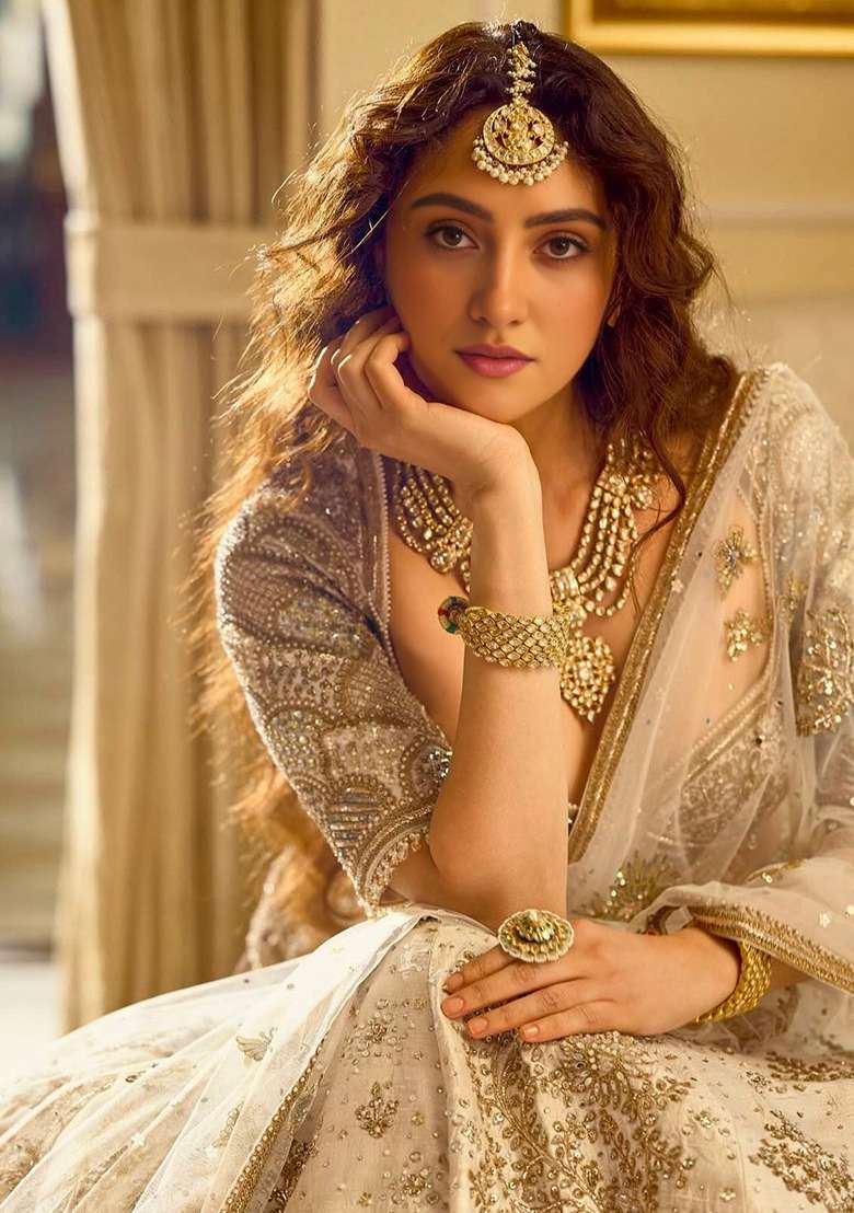 Cream Zari Work Silk Blend Lehenga Set for Diwali and Festive Wear - Indya
