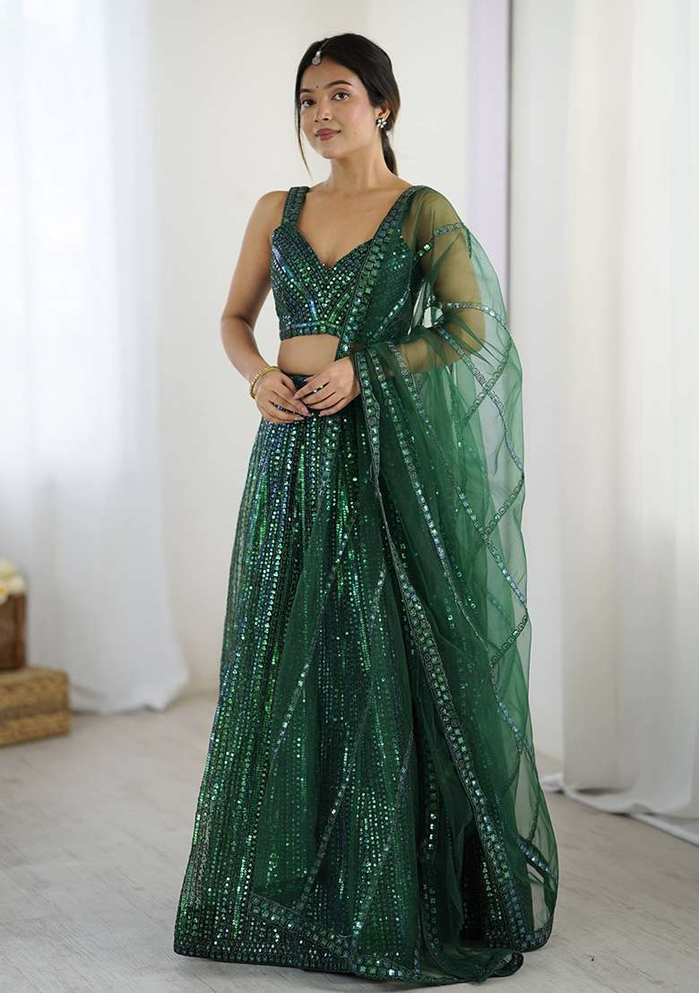 Green Sequence Work Net Lehenga Set for Diwali and Festive Wear - Indya