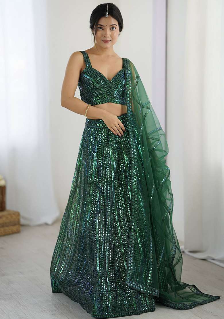Green Sequence Work Net Lehenga Set for Diwali and Festive Wear - Indya