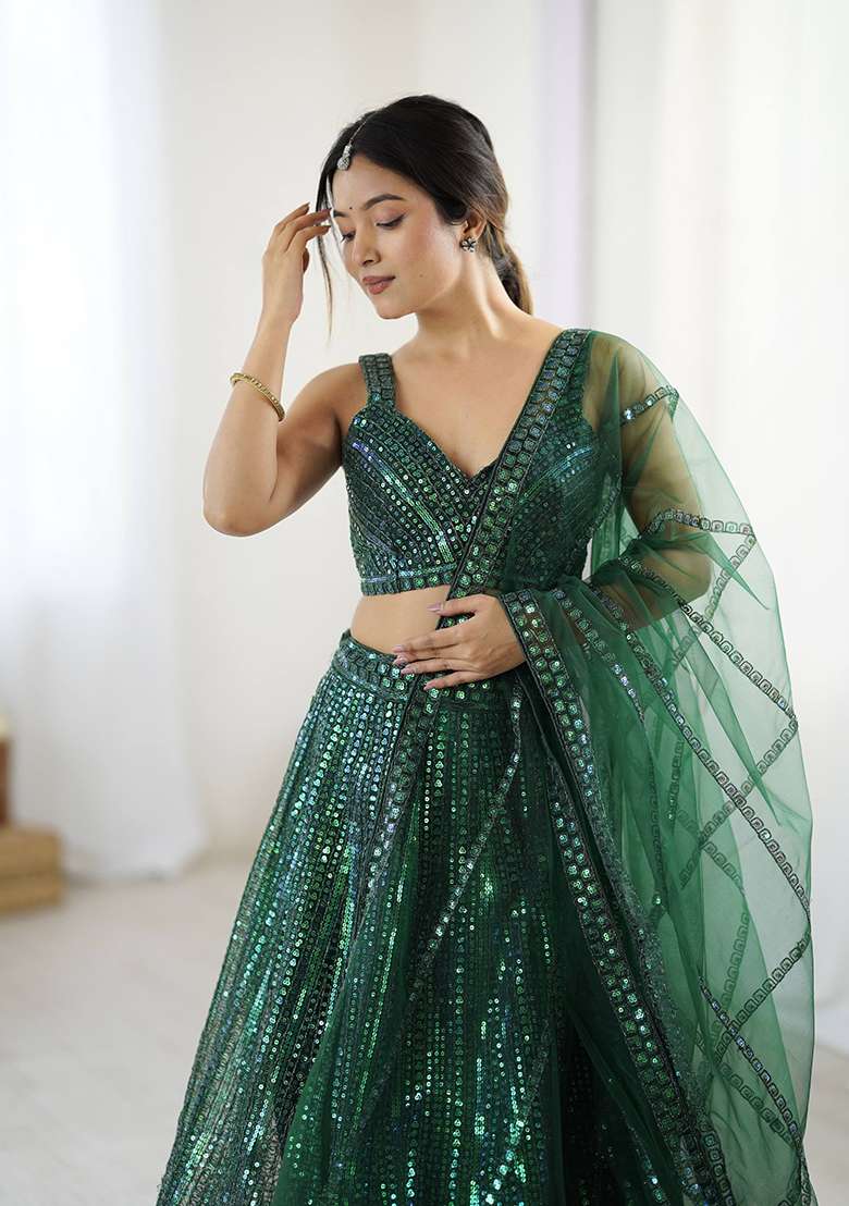 Green Sequence Work Net Lehenga Set for Diwali and Festive Wear - Indya
